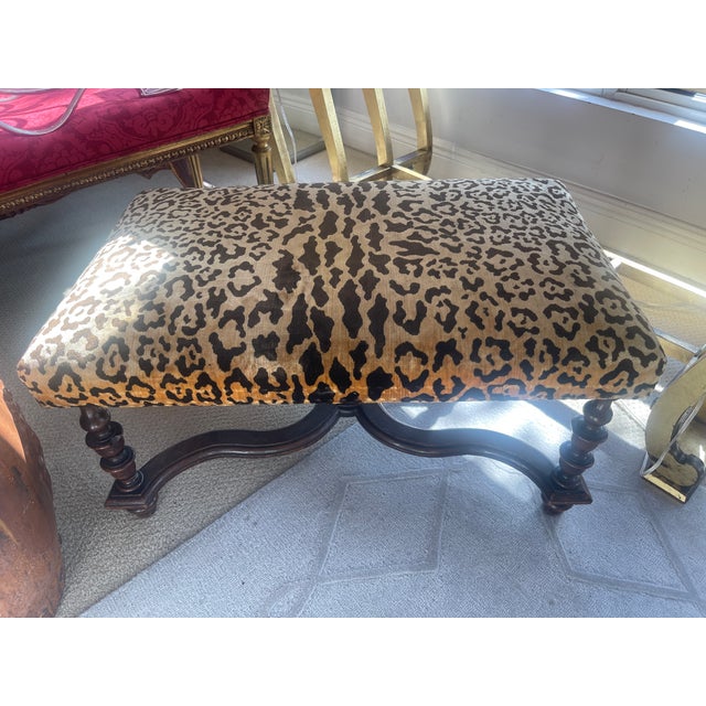 Brown French Louis XIII Style Turned Wood Ottoman, Animal Print Velvet For Sale - Image 8 of 16
