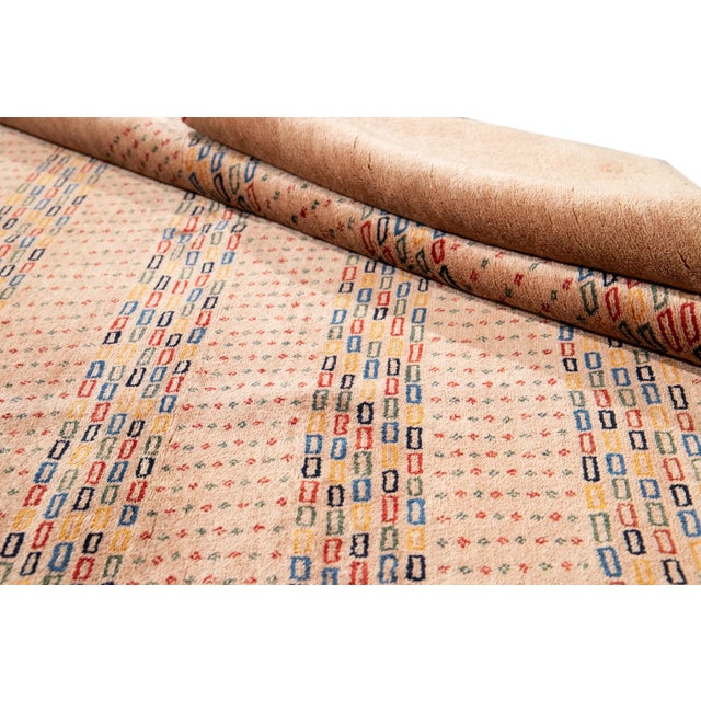 Contemporary Peach Modern Gabbeh Handmade Wool Rug With Geometric Pattern For Sale - Image 3 of 7