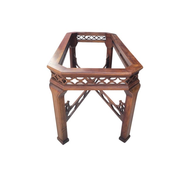 Wood Vintage Chinese Chippendale Palm Beach Regency Fretwork Stained Wood Dining Room Table Base For Sale - Image 7 of 10