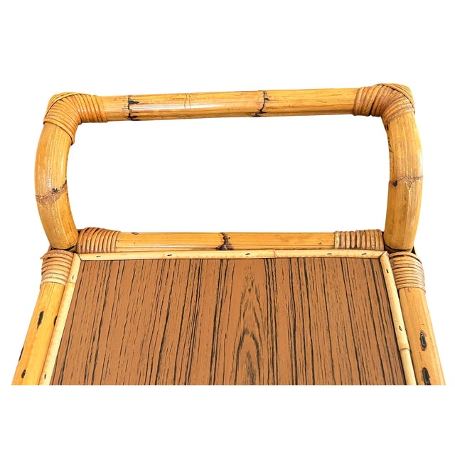 Wood 1960s Burnt Bamboo & Rattan Wrapped Two-Tier Drinks or Bar Cart on Casters For Sale - Image 7 of 12