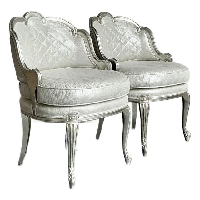Vintage Regency Baroque Quilted Silver Leaf Lounge Chairs - A Pair For Sale