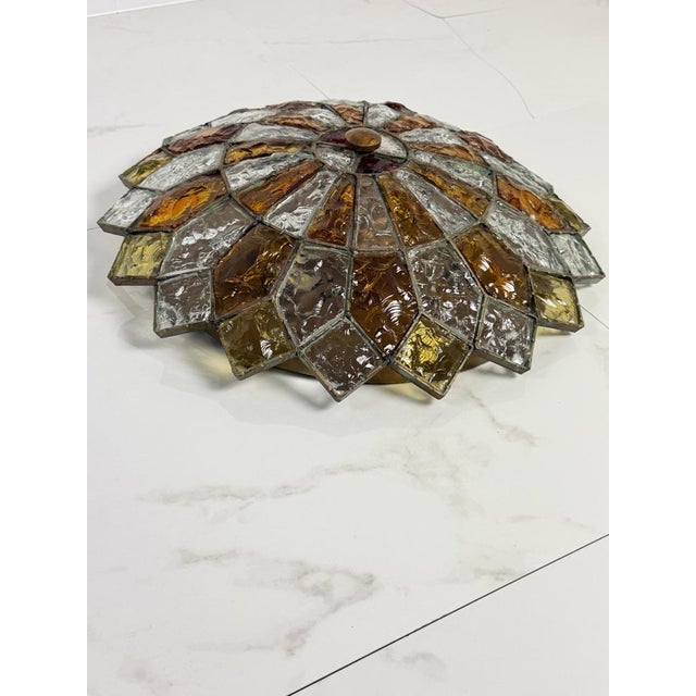 Large six-light Murano glass ceiling lamp in the Poliarte style, 1970s Metal frame, alternating geometric segments of...
