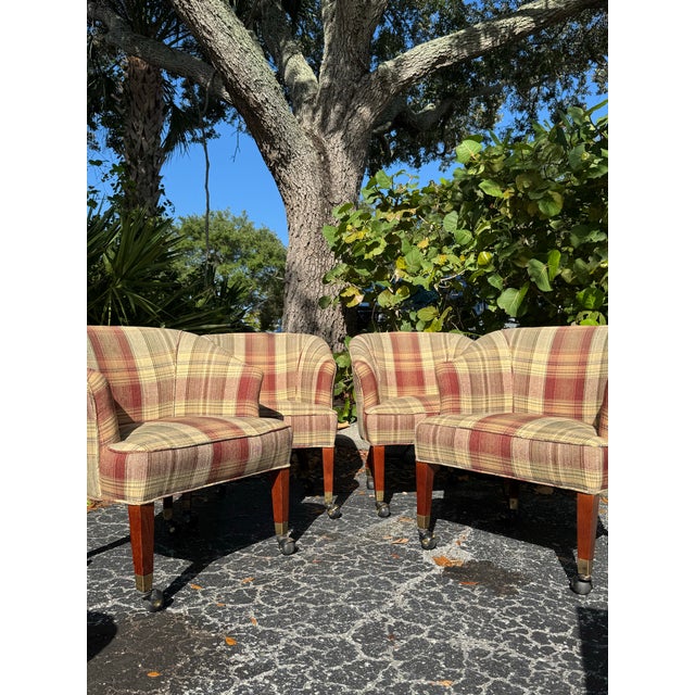 Wood Set of 4 Vintage Plaid Upholstered Game Table Chairs | Campaign-Style Club Chairs For Sale - Image 7 of 8