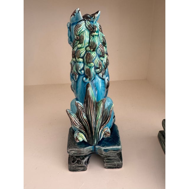 Japanese Vintage Turquoise Glazed Ceramic Japanese Foo Dogs, Made in Japan, C. 1960s - A Pair For Sale - Image 3 of 10