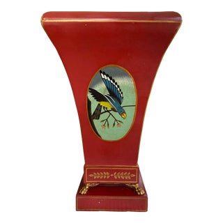 Tall Vintage French Tole Hand Painted Metal Vase For Sale