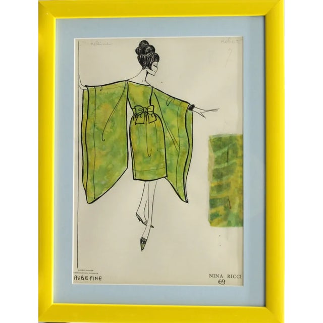 Fabulous original Nina Ricci watercolor c1960s illustration with a fabric swatch attached Provenance: a Beverly Hills, Ca...