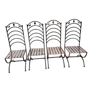 Antique French Provincial Wrought Iron Garden Chairs Two Birds & Leaf Motif 4pc Set For Sale