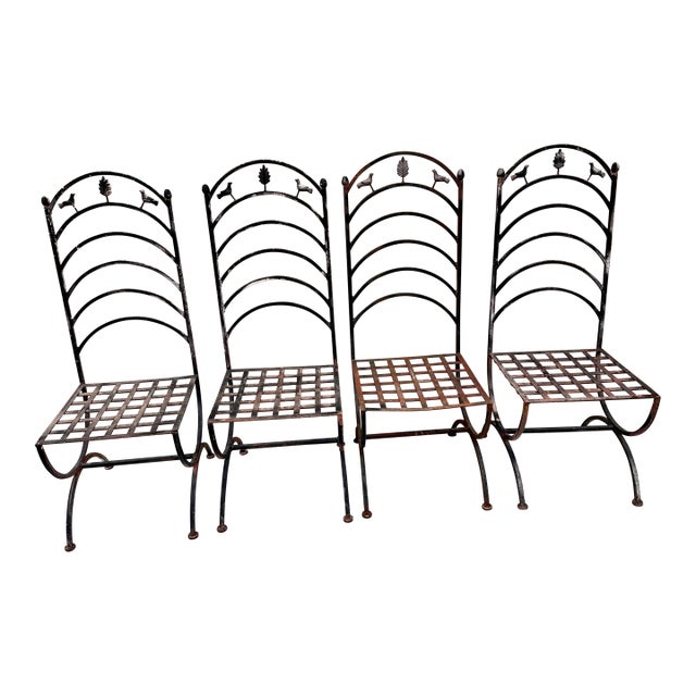 Antique French Provincial Wrought Iron Garden Chairs Two Birds & Leaf Motif 4pc Set For Sale