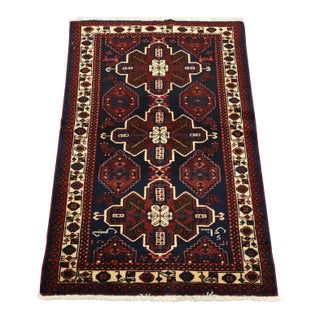 Hamedan Rug 3’2” X 4’10” Blue Wool Vintage Tribal Hand-Knotted Carpet For Sale