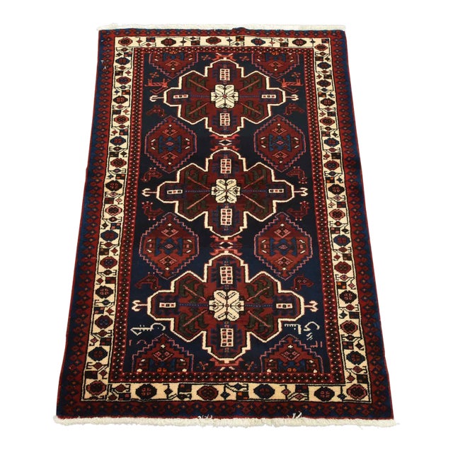 Hamedan Rug 3’2” X 4’10” Blue Wool Vintage Tribal Hand-Knotted Carpet For Sale