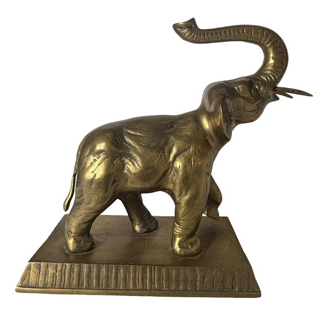 Late 20th Century Vintage Brass Elephant Sculpture With Raised Trunk on Pedestal Base For Sale - Image 5 of 8
