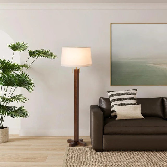 Mid-Century Modern Swiss Cross Floor Lamp - Dark Walnut Wood Finish, Weathered Brass, White Linen Shade For Sale - Image 3 of 11