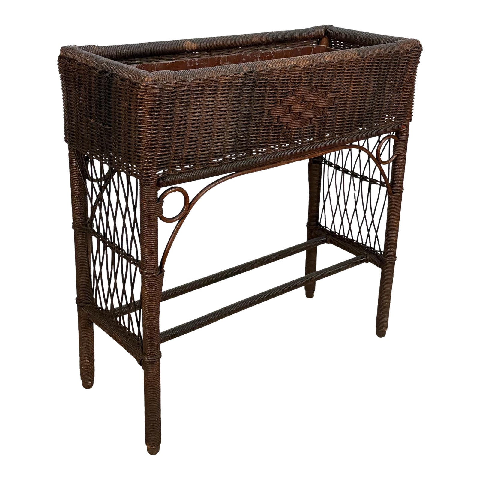 Antique Victorian Wicker Window Box Plant Stand With Insert | Chairish