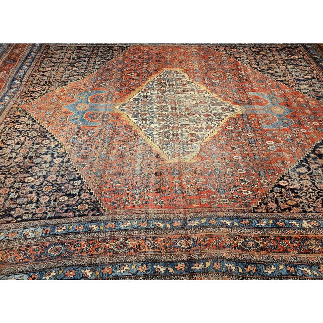 19th Century Oversized Persian Bidjar Rug, Hand-Knotted Wool, Geometric Herati Pattern, Red & Blue, 13x18 For Sale In Chicago - Image 6 of 18