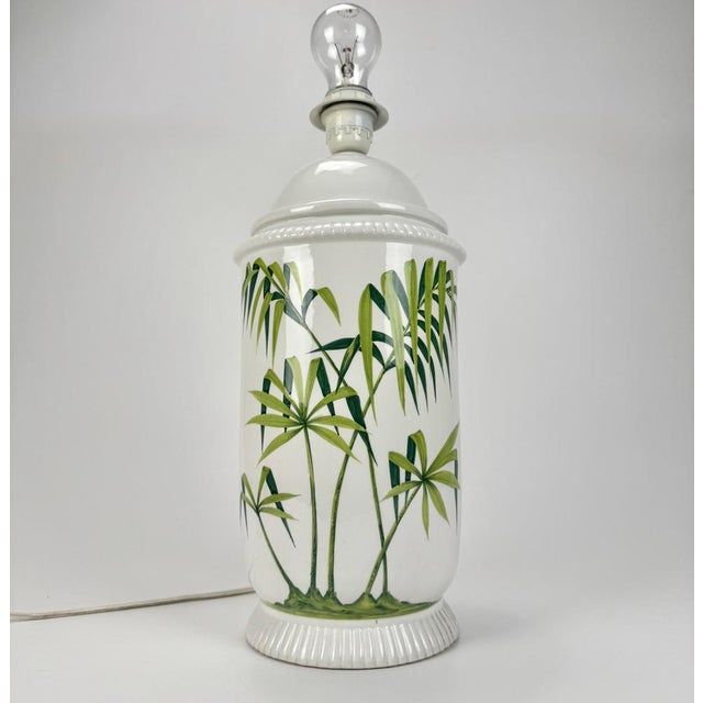 Green Mid-Century Modern Italian Ceramic Hand Painted Palm Trees Table Lamp, 1960s For Sale - Image 8 of 9