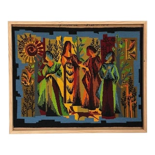 French Cubist Needlepoint Pine Frame Saisons 1970s Handmade "Les Quatre Saisons" For Sale