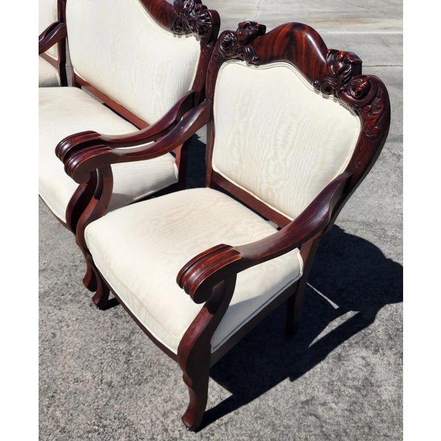 Brown Antique Asian Rosewood Carved Foo Dogs Living Room Suite 3 Piece Sette 2 Chairs For Sale - Image 8 of 17