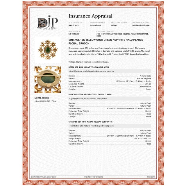 Early 20th Century Vintage 18k Yellow Gold Green Nephrite Halo Pearls Floral Brooch For Sale In Houston - Image 6 of 7