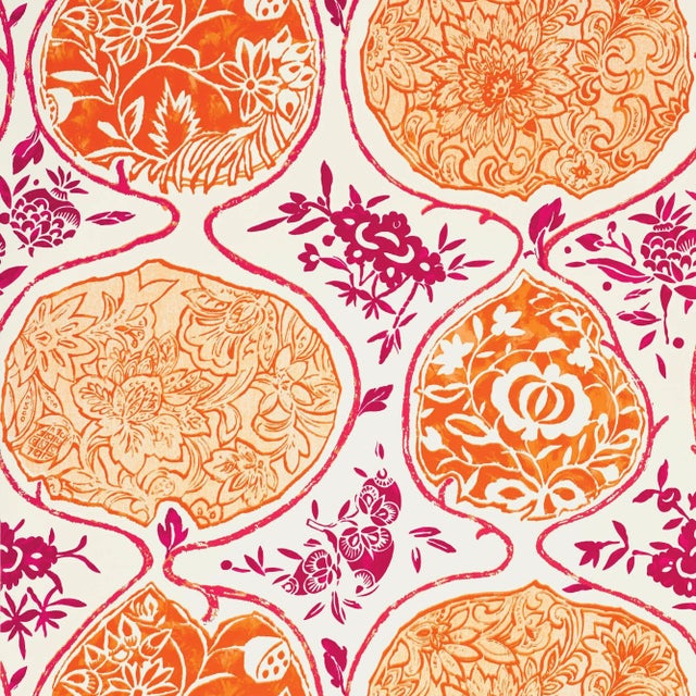 Schumacher Katsugi Wallpaper in Tangerine & Berry For Sale