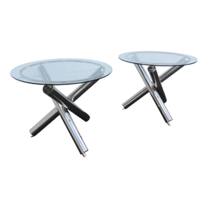 Milo Baughman Style Chrome Glass Top Jax Tables a Pair 6571