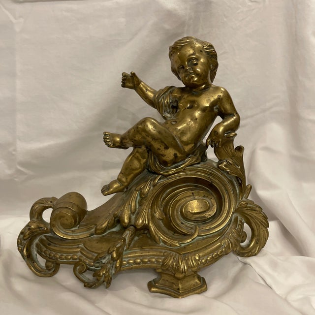 Rococo Pair of Mid 19th Century Bronze Putti Rococo Chenets For Sale - Image 3 of 8