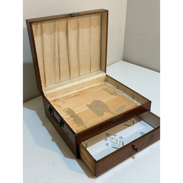 Brown Antique Wood Storage Box With Drawer - Dovetail Joints - Brass Hardware C. 1900 For Sale - Image 8 of 11