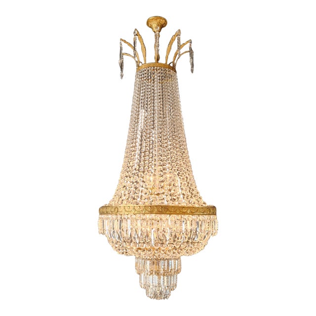 1920s Large Crystal Chandelier Empire Style Monumental Salon Chandelier Restored For Sale