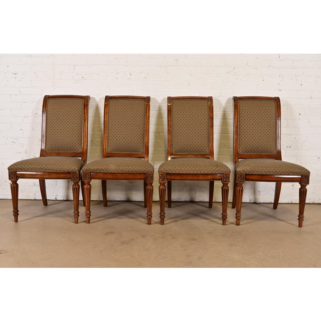 Ethan Allen French Regency Louis XVI Carved Cherry Wood Upholstered Dining Chairs, Set of Four For Sale - Image 10 of 10