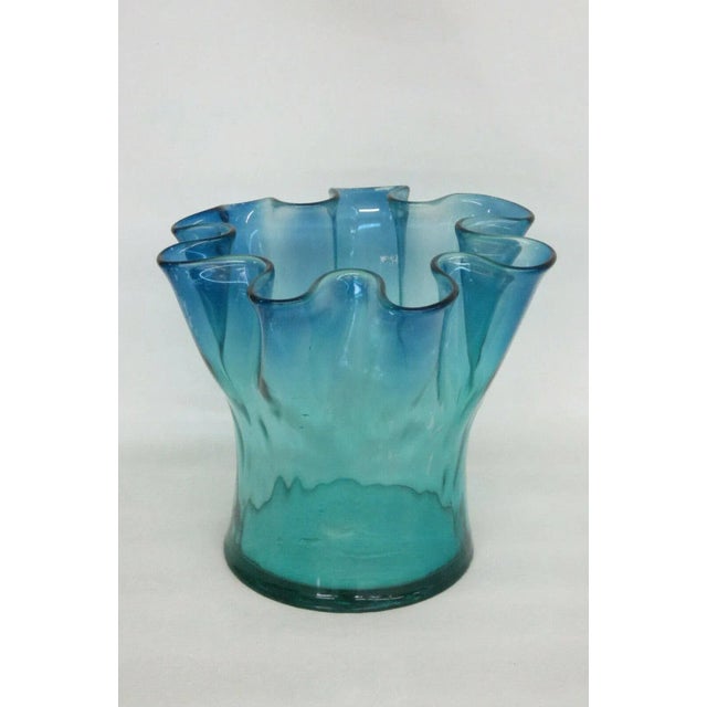Mid Century Modern Blue Art Glass Ruffled Rim Handkerchief Bowl Vase For Sale - Image 11 of 11