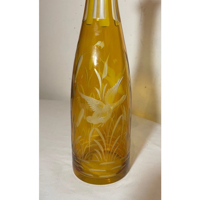 1930s Antique Yellow Cut to Clear Czech Bohemian Crystal Glass Liquor Decanter Bottle For Sale - Image 5 of 13