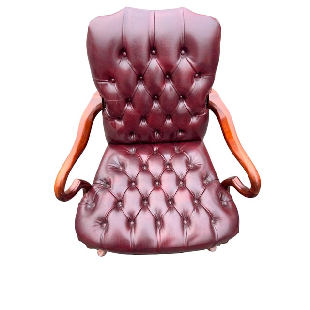 Late 20th Century Pair Red Chesterfield Tufted Leather Gooseneck Library Armchairs For Sale - Image 12 of 15