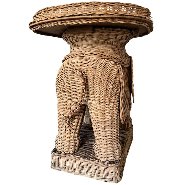 Folk Art Vintage Woven Wicker Elephant Tray Side Drinks Table With Wood Tusks, Tropical Regency Style For Sale - Image 3 of 13