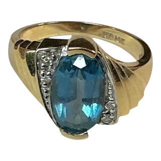 John C Rinker Blue Topaz 14k Yellow Gold and Diamond Ring For Sale
