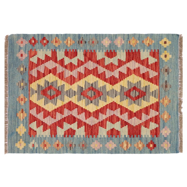 Shabby Chic Kilim Kelvin Red Blue Hand-Woven Wool Rug For Sale - Image 9 of 9