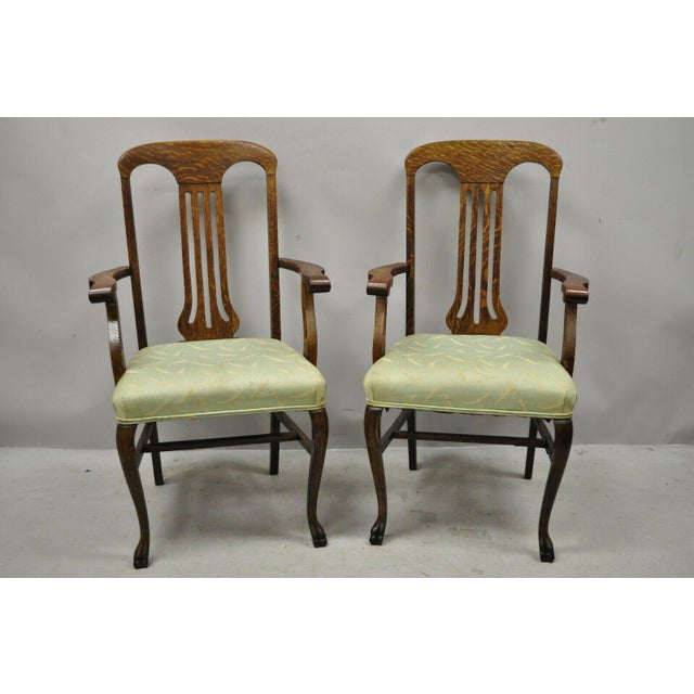 Antique Victorian Tiger Oak Carved Paw Foot Slat Back Dining Chairs