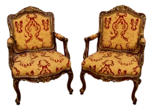 Pair of Southwood Louis XV Style Fauteuil Carved Armchairs