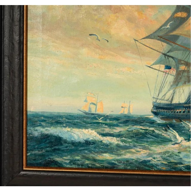 Nautical American School Returning Home at Sunset Oil on Canvas Signed in Period Frame For Sale - Image 3 of 10