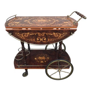 Vintage Italian Marquetry Inlaid Brass & Wood Tea & Bar Cart For Sale