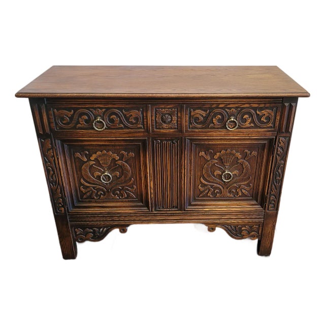 1920's Antique Jacobean Revival Oak Server Sideboard Cabinet For Sale