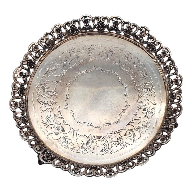 Brazilian Alpaca Silverplate Rococo Salon Tray With Pierced Gallery — Footed 10" For Sale