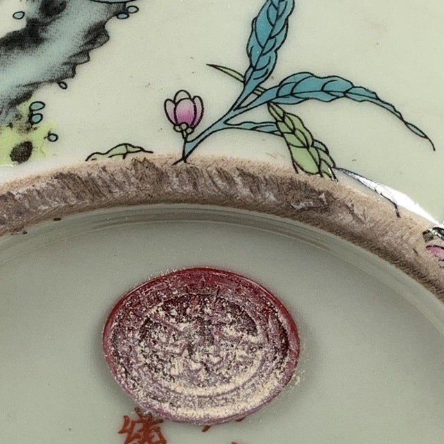 Vintage Chinese Celadon Famille Rose "Peaches & Bats" Jar With Marchant London Label For Sale - Image 9 of 9