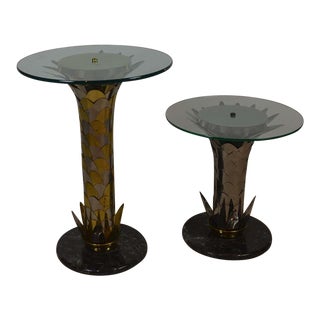 Vintage Italian Chrome & Brass Glass Top Accent Table Set of 2 For Sale