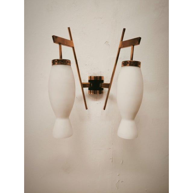 Brass Wall Lamp with Double Opal Glass Light, 1960s For Sale - Image 4 of 14