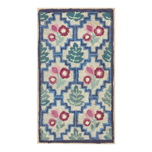 1930s Beige Rose Geometric Antique American Hooked Rug 2'0" X 3'0" Handknotted Wool Carpet