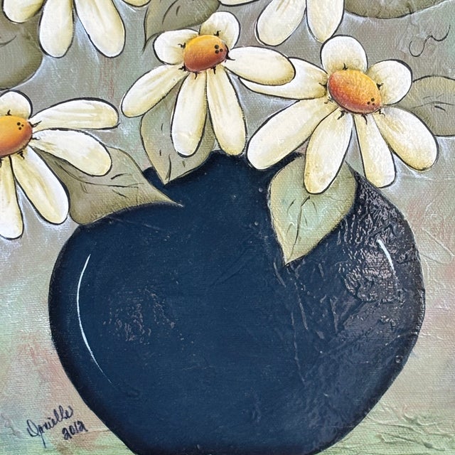 Textile 2012 Mixed Media Daisy Still Life on Canvas For Sale - Image 7 of 12