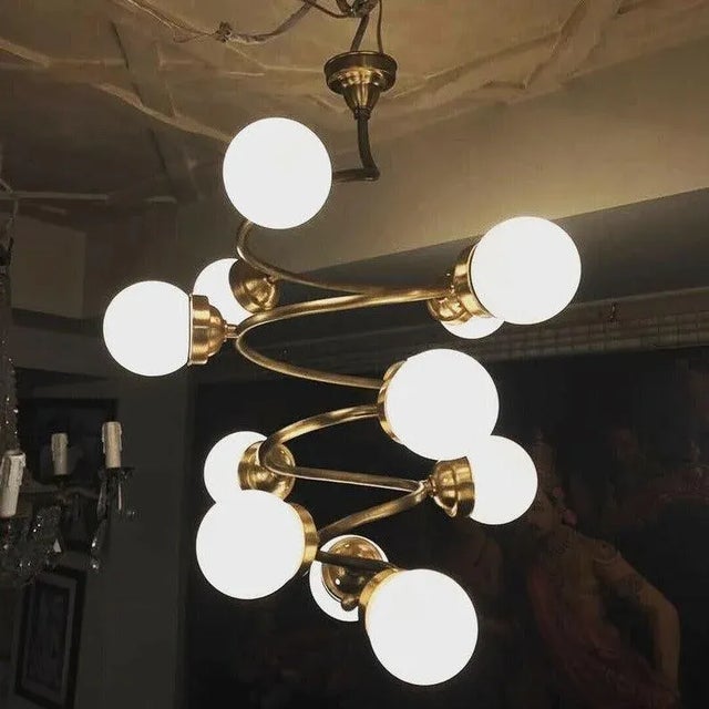 Vintage 1940s Art Deco Ceiling Brass Hanging Chandelier 12 Light Milk Glass Shade Lamp For Sale - Image 4 of 5