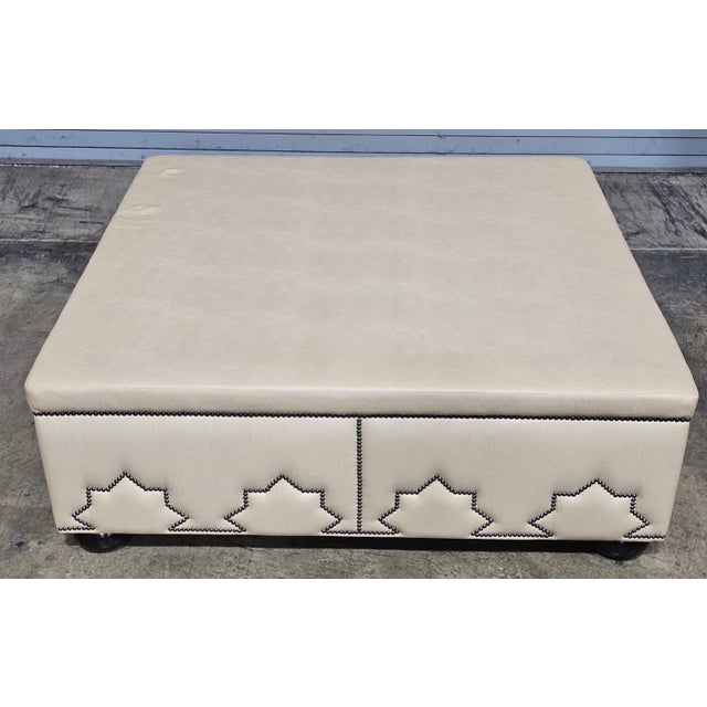 Traditional Late 20th Century Large Designer Beige Leather Upholstered Ottoman Pattern Tack Trim Bun Feet For Sale - Image 3 of 6