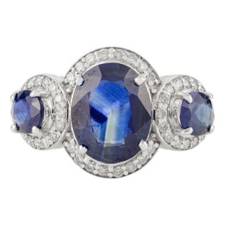2.6 Carat Deep Blue Sapphire Three Stone Diamond Ring Size 6.5 in 14k Gold For Sale