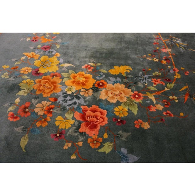 Green 1930s Green Bamboo Floral Antique Chinese Art Deco Rug 8' 9'' X 11' 0'' Handknotted Wool Carpet For Sale - Image 8 of 12