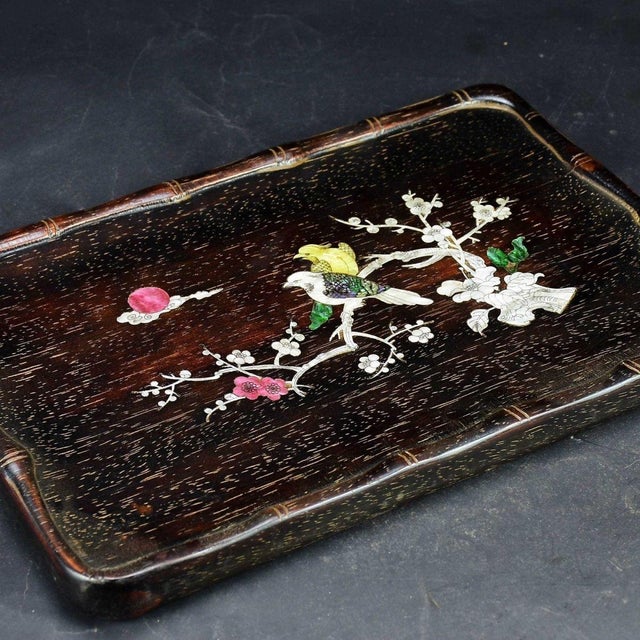 Wood Vintage Zitan Wood Tray With Mother-of-Pearl "Magpie on Plum" Inlay For Sale - Image 7 of 9